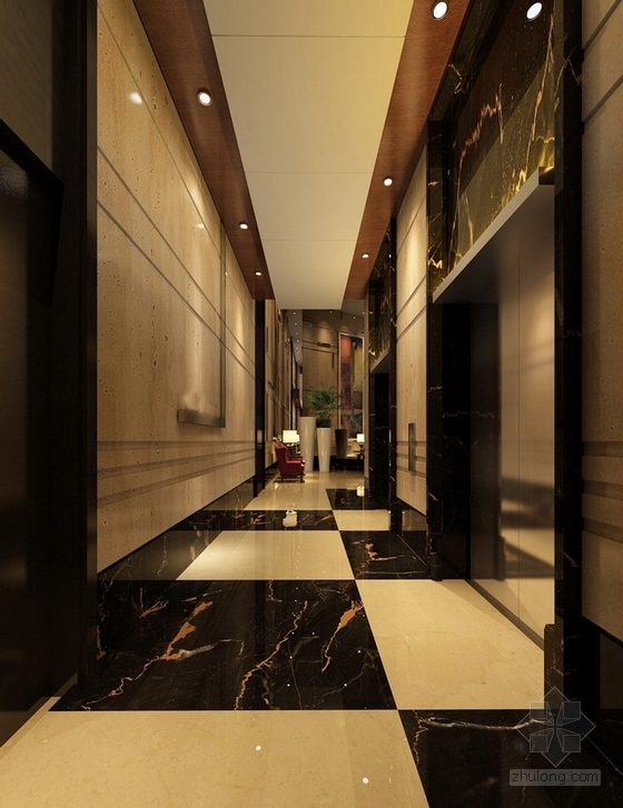 [郑州]奢华高档住宅区入户门厅及电梯间装修施工图（含效果）电梯厅效果图