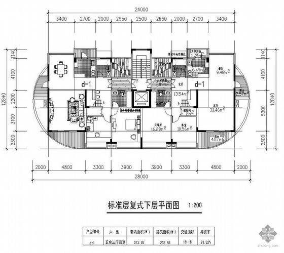 板式高层一梯四户户型资料下载-板式高层一梯两户五房三厅四卫户型图(233/233)