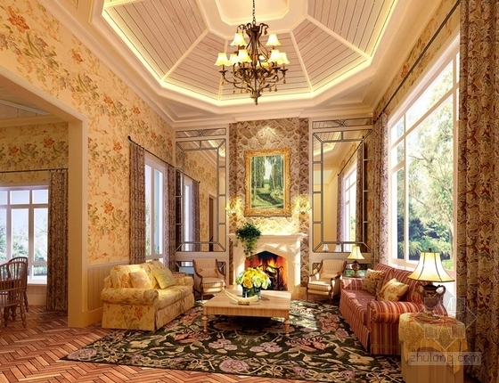 精品豪华法式乡村风格两层别墅室内装修施工图（含软装方案）客厅效果图
