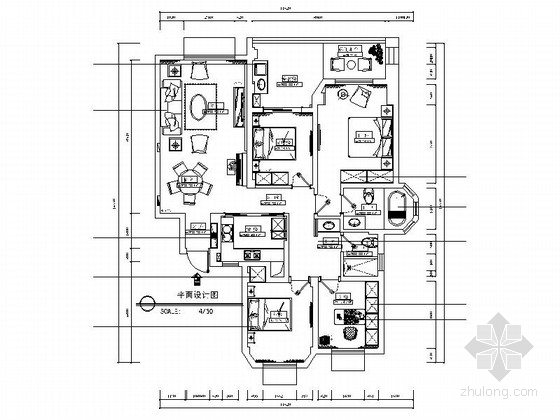四室一厅施工图资料下载-[扬州]简约舒适四室两厅精装修CAD施工图