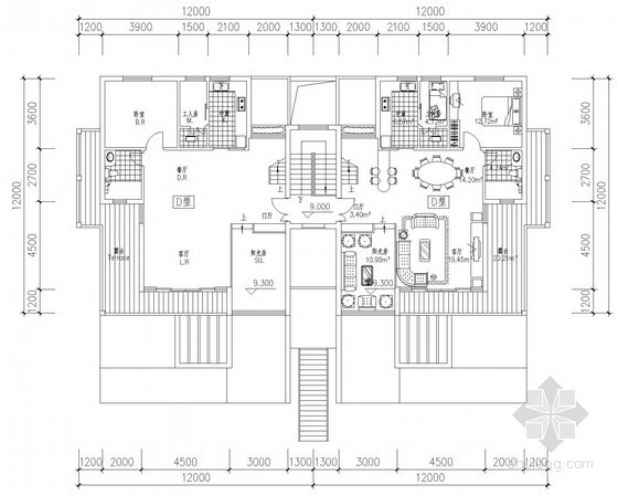 叠拼洋房建筑资料下载-[北京]某叠拼别墅跃层户型平面图（182平方米）