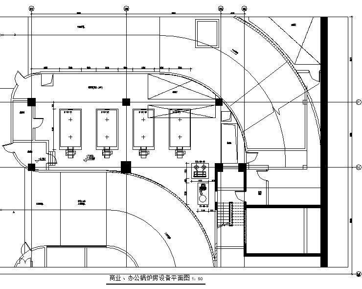 上海大型商业综合体暖通设计施工图（地下室、除湿热泵）-商业、办公锅炉房设备平面图
