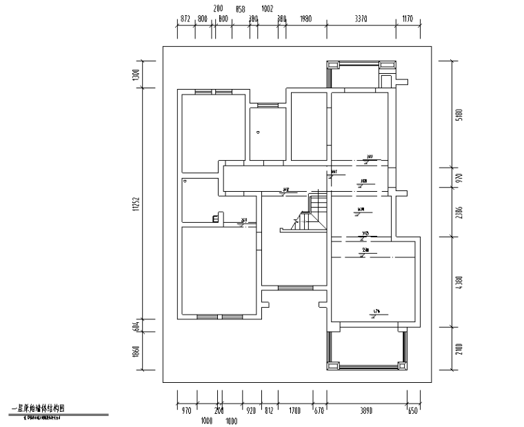 简约主义风格三居室别墅设计施工图（附效果图）-一层原始墙体结构图