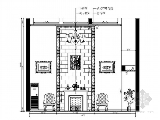 [武汉]森林公园度假村简欧独栋别墅CAD装修施工图（含效果）客厅立面图 