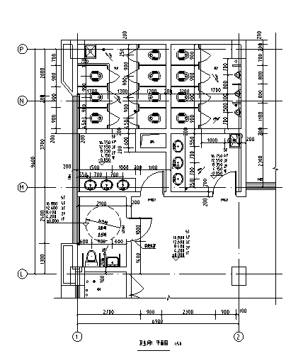 5层钢混框架结构大学图书馆建筑结构施工图2-卫生间平面图