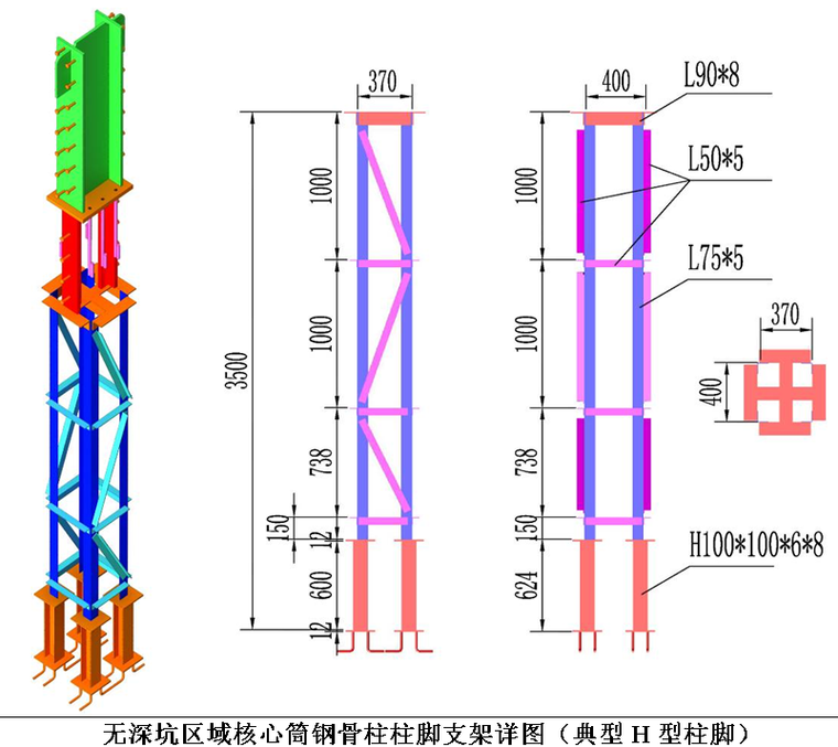 [深圳]超高层塔楼钢结构柱脚支架设计及柱脚安装方案-典型H型柱脚