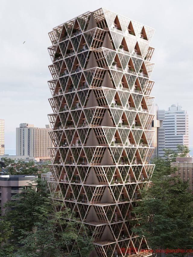 日本木质家庭住宅资料下载-Precht设计了模块化住宅和垂直农场结合的木质摩天大楼