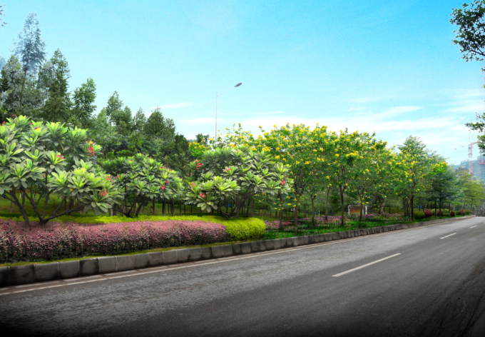 [广东]“源代码”科技创意生态道路景观改造设计方案-道路标准段景观效果图