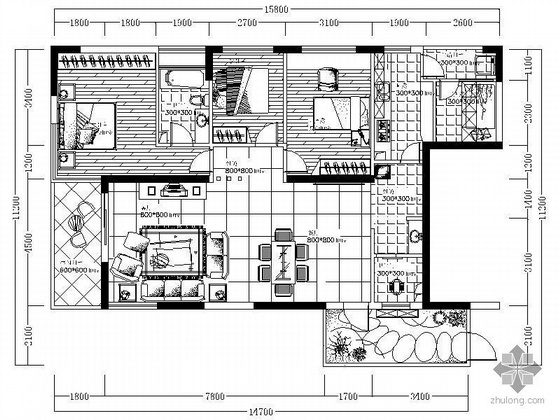 高层三居室现代风装修图资料下载-[长沙]某三居室装修图