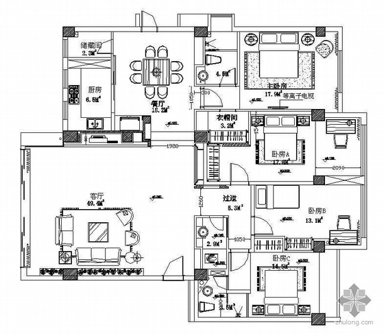 142平四室效果图资料下载-某四室两厅装修是施工图（含效果图）