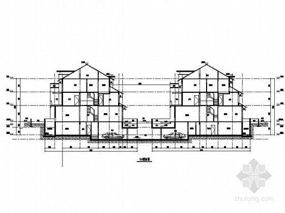 [江苏]三层联排式坡屋顶别墅建筑施工图-三层联排式坡屋顶别墅建筑剖面图 