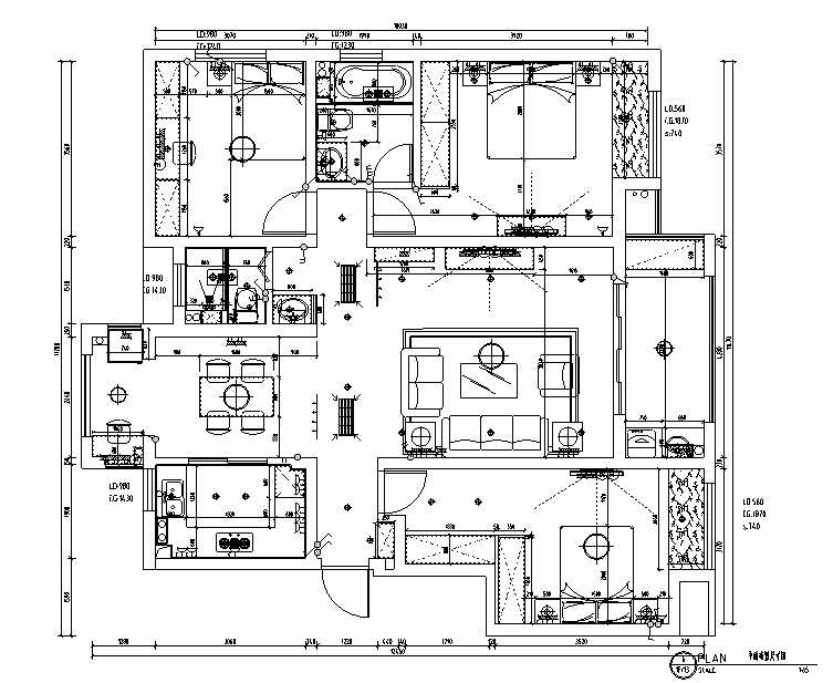 山湖一号白色素雅样板房设计施工图（附效果图）-平面布置尺寸图