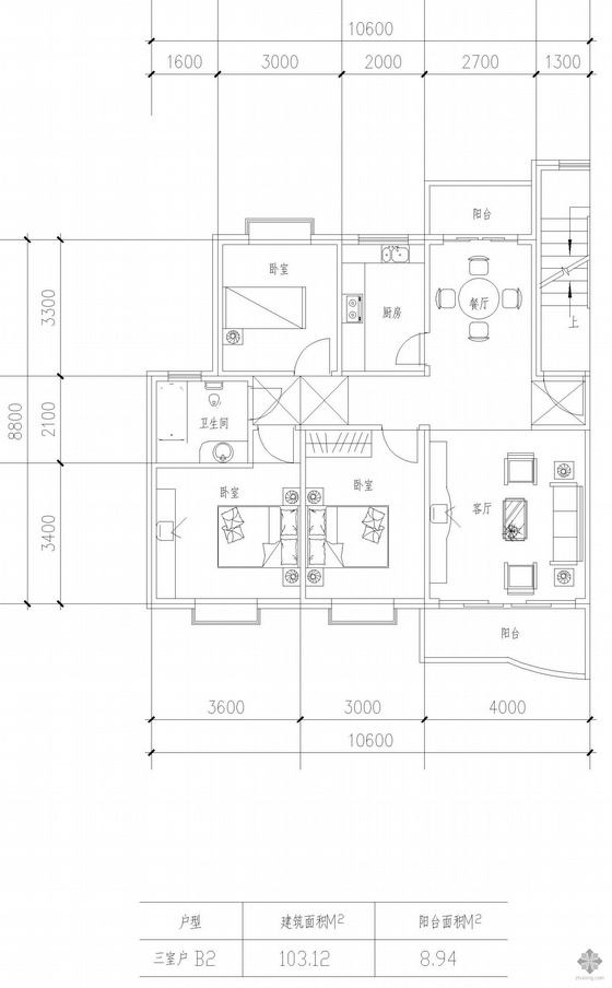 三室一厅户型cad图纸资料下载-板式高层三室一厅单户户型图(103)