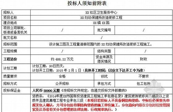 [江苏]妇幼保健所改造装修工程施工招标文件及工程量清单(标底附图纸)-投标人须知前附表 