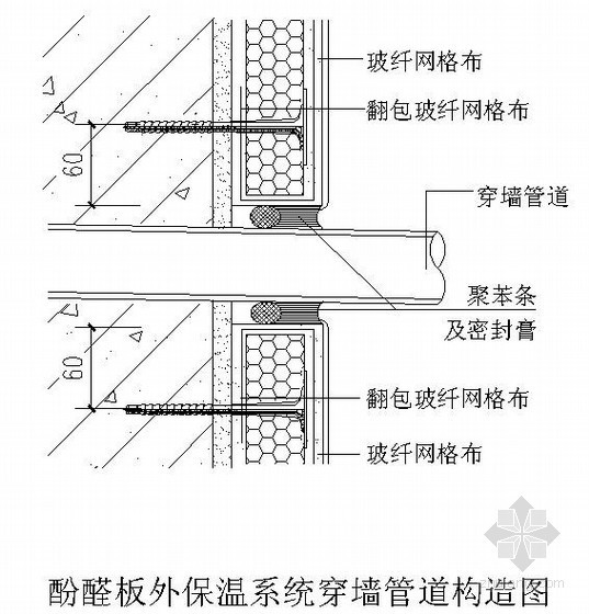 管道穿墙套管图纸资料下载-酚醛板外保温系统穿墙管道构造图