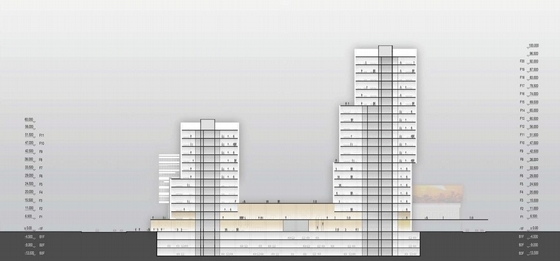 现代风格核心筒结构多层次办公楼建筑剖面图