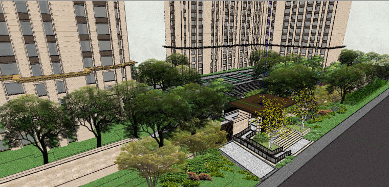 ​西府大院居住区小区景观SU模型设计（新中式风格）-场景五