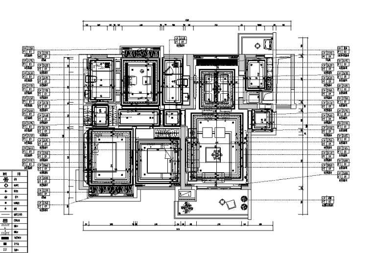 古典风格三居室住宅设计施工图（附效果图+模型）-天花投影图