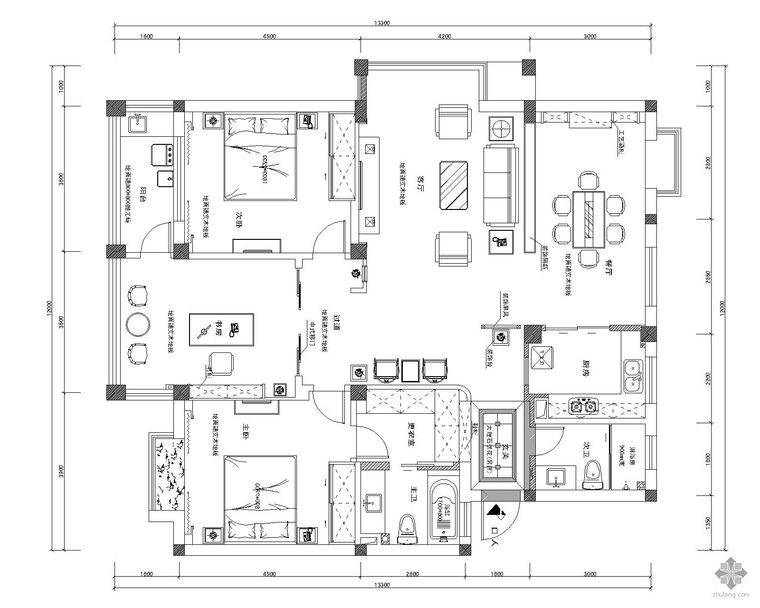 现代经典四居装修施工图资料下载-现代三居装修施工图