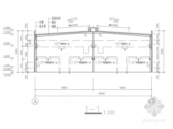 40米门式刚架资料下载-36米跨门式刚架结构施工图(含建施、带吊车)