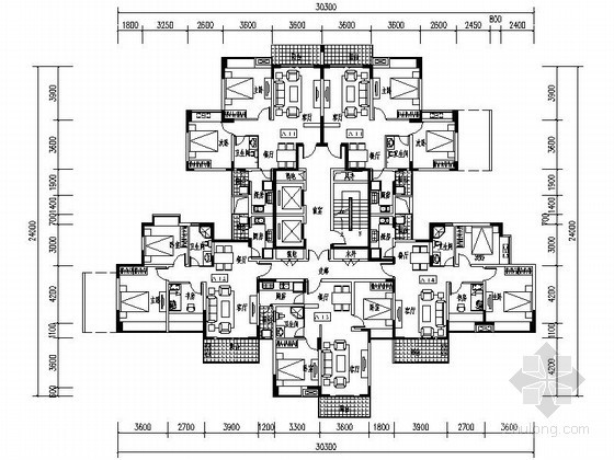 一梯两户60平米平面图资料下载-高层住宅一梯五户型平面图（84、95平方米）