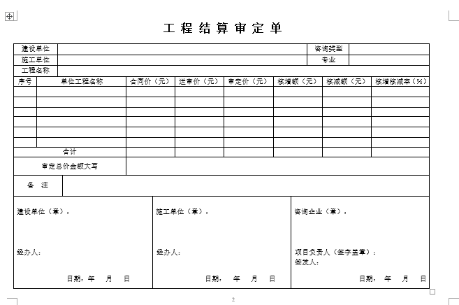 建设工程结算审核书全套范本（可修改）-工 程 结 算 审 定 单