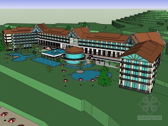 度假酒店主题客房资料下载-度假酒店建筑SketchUp模型下载