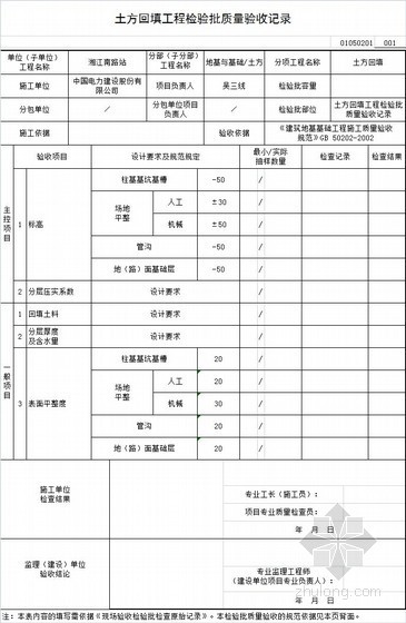 建筑工程地基基础及主体结构分部分项工程检验批质量验收记录表-土方回填工程 