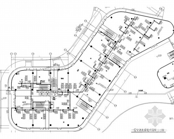 [湖南]商业办公综合楼空调通风及防排烟系统设计施工图（冷热源站房 人防设计）-空调水系统平面图 