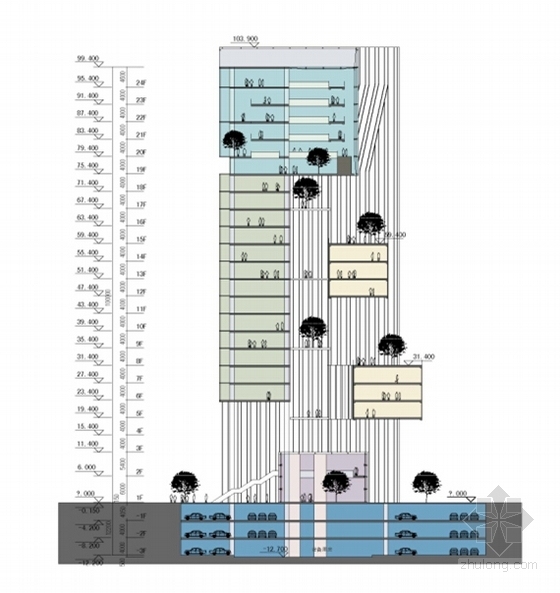 [深圳]24层双筒结构知名电子企业研发大厦建筑设计方案文本（含CAD 多媒体）-24层双筒结构知名电子企业研发大厦剖面图