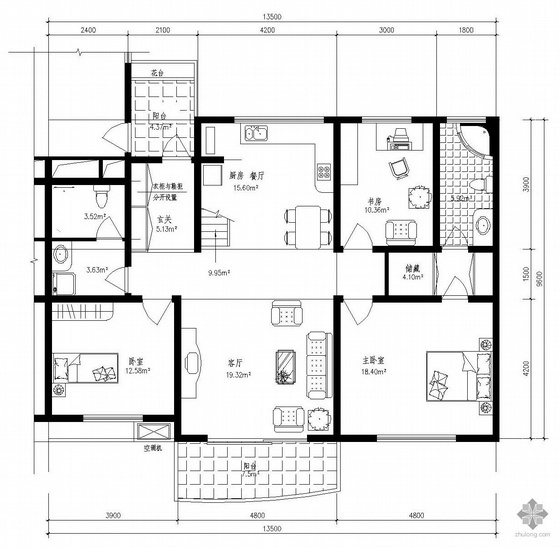 二室一厅装修图纸资料下载-板式多层单户二室一厅二卫带复式户型图(185)