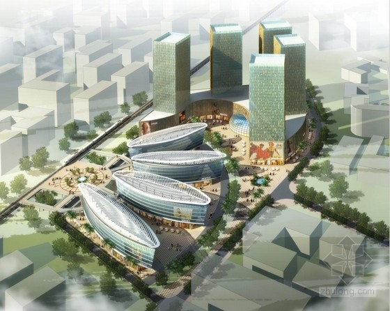 板式办公建筑cad资料下载-[云南]板式平面兰花状生态城市综合体建筑设计方案文本