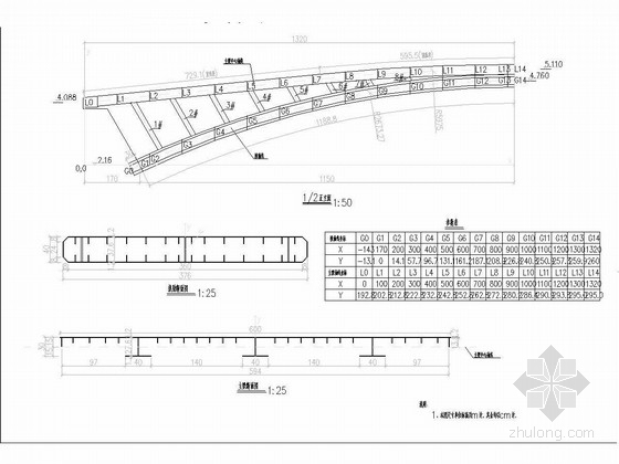 单跨23m钢拱梁组合结构人行桥施工图（三阶基础）-拱肋主梁放样图 