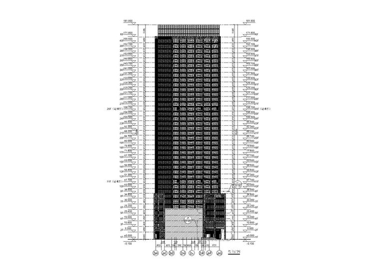 塔楼外装幕墙工程幕墙施工图2016_玻璃石材-建筑东立面图