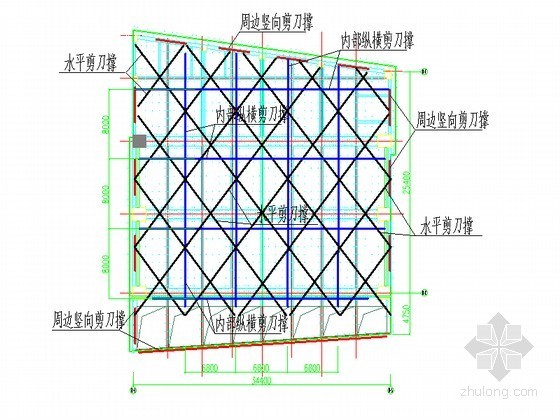 [广东]综合教学楼扣件式钢管高支模专项施工方案（多图）-风雨操场屋面支撑剪刀撑布置图 