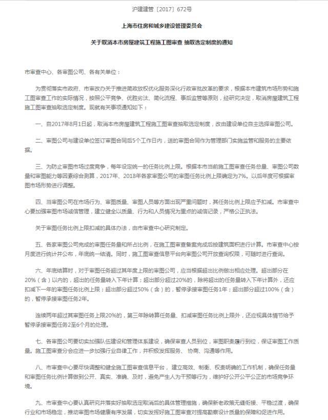 业主说了算！上海取消房屋建筑工程施工图审查抽取选定制度_1
