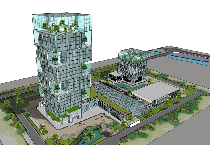 绿色建筑的设计方案资料下载-现代风格高层办公绿色建筑设计方案sketchup模型