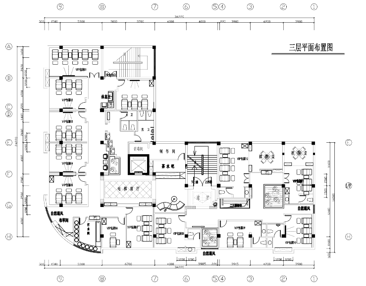 混搭风格足浴店室内设计施工图及效果图（36张）-三层平面布置图