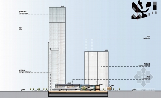 [广东]核心商务区概念总体规划（含310米高塔楼及5A办公区）-核心商务区建筑剖面图