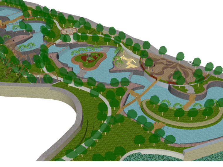 设计高差处理资料下载-滨湖公园景观SU模型（高差处理，桥，廊架）