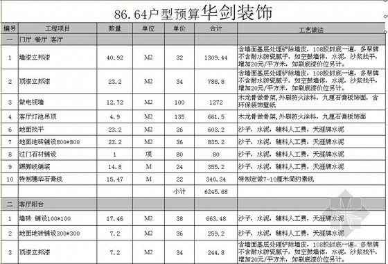 家装装修主材表资料下载-海南某家装工程报价实例