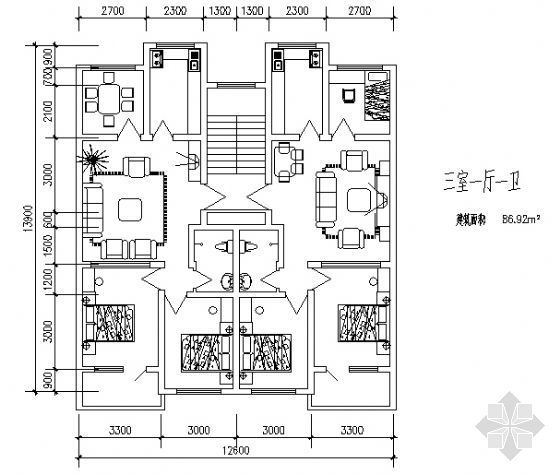 三室一厅一卫的平面图资料下载-三室一厅一卫（86.92平方米）