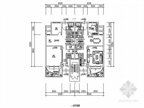 300平方住宅一梯两户资料下载-[北京]某四层叠拼别墅户型平面图（南梯188、186平方米）