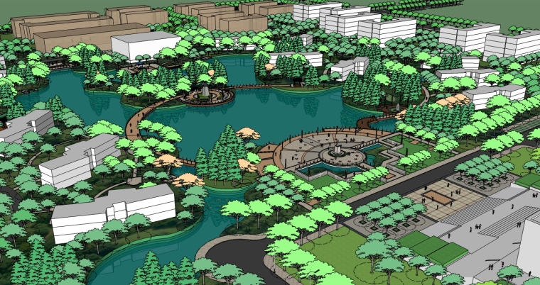 精现代风格学校规划建筑设计SU模型-校园花园鸟瞰图