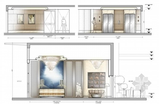 [深圳]一线海景澳式现代公寓装修设计方案电梯厅立面图 