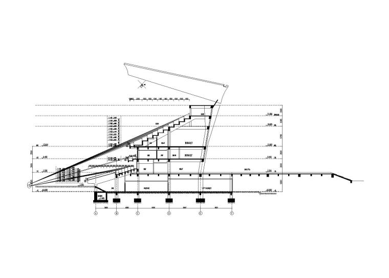 体育场建筑结构施工图_双层网壳钢屋盖-看台剖面图