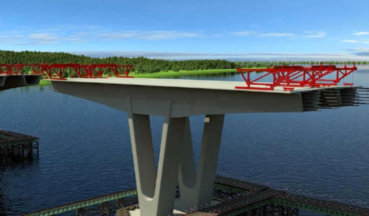 海域大桥预应力箱梁节段梁安装技术方案135页（附图纸151张）-桥面吊T构拼装效果图