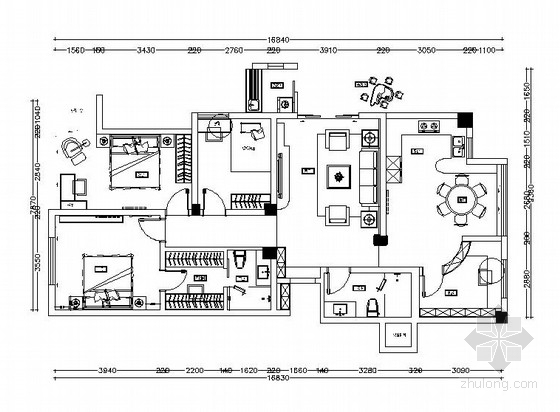 95平三室两厅平面图资料下载-[深圳]时尚简约三室两厅室内设计CAD施工图