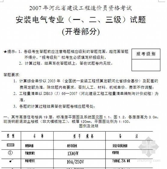 河北省电气图集资料下载-2007年河北省电气工程（一二三级）造价员考试真题