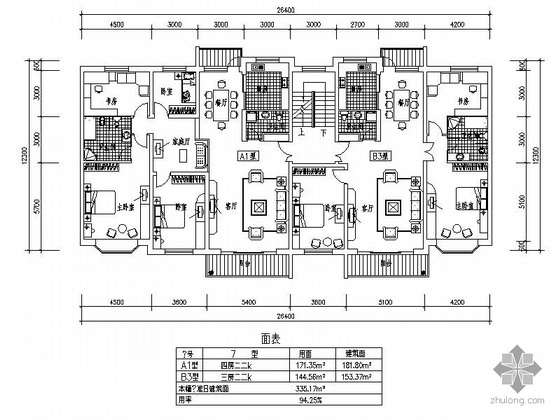 多层大户型建筑方案图资料下载-大户型一梯两户户型图（182/153）